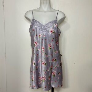 Vintage 90s Victoria’s Secret Purple Floral Satin Lace Trim Spaghetti Strap Slip